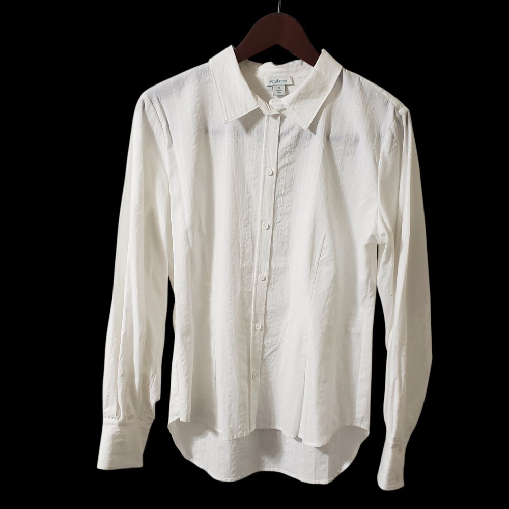 Sundance Womens White Textured Stripe Button Down Shirt Long Sleeve Size Medium